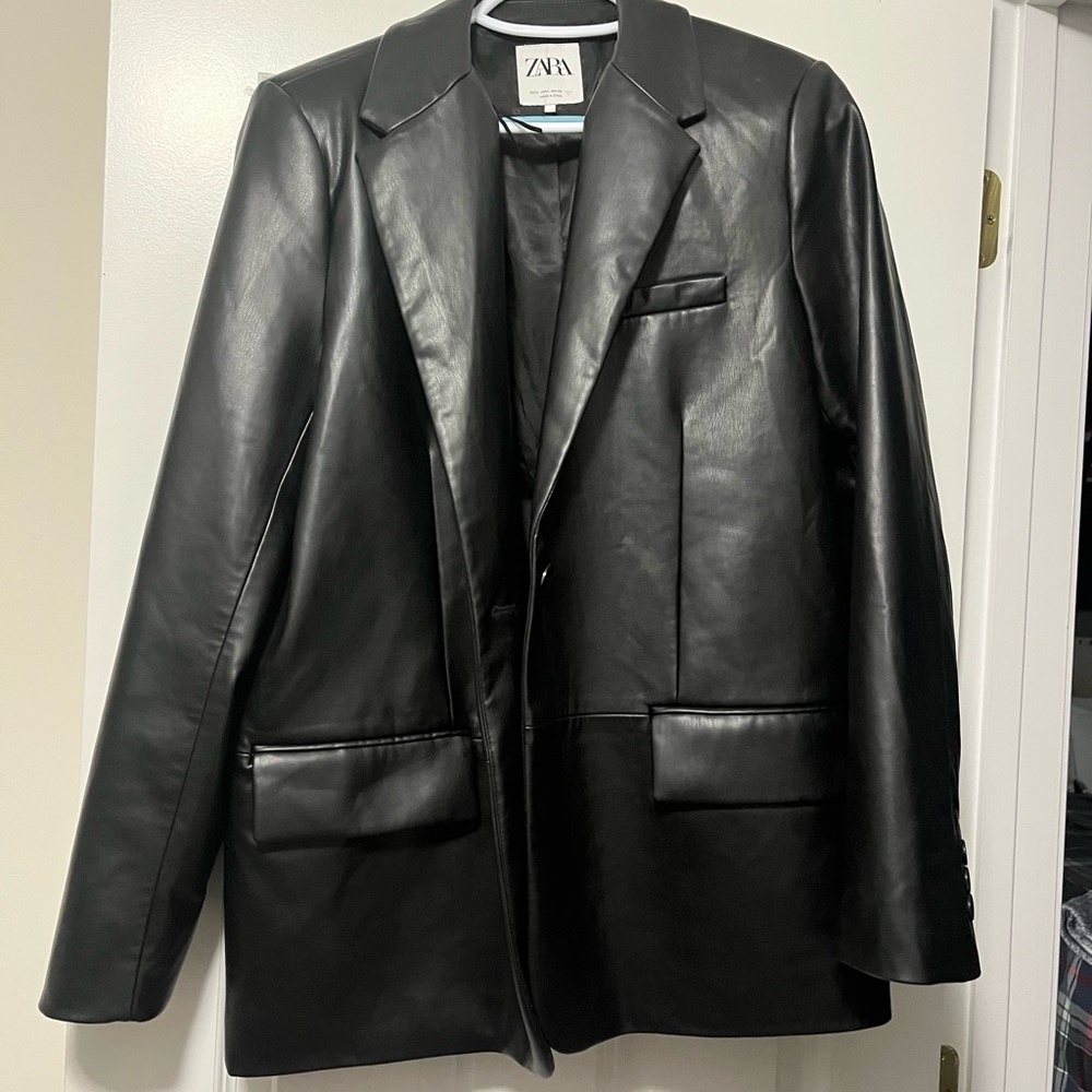 Zara Black Faux Leather Blazer Jacket